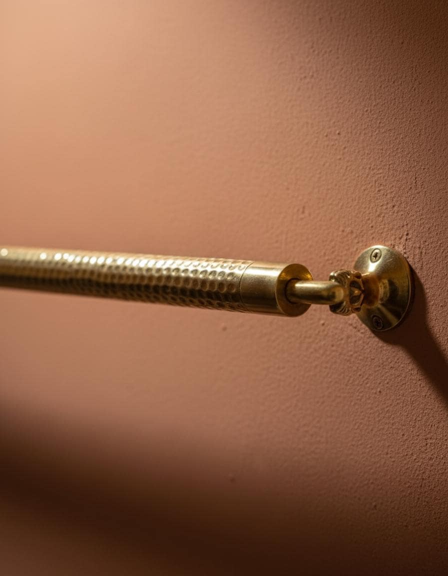 Gold towel bar mounted on a pink wall