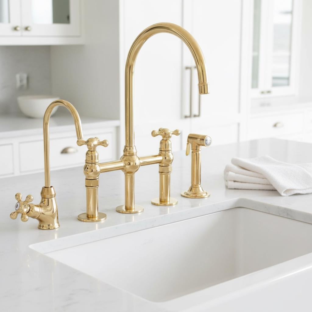 Gold kitchen faucet set on a white countertop with a blurred background