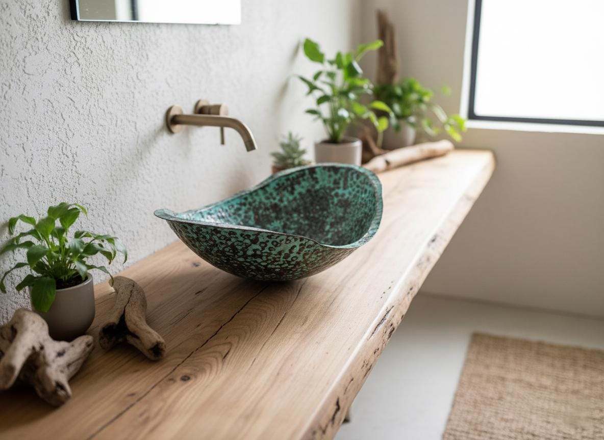 Bathroom with a wooden vanity, green speckled sink, and plants.