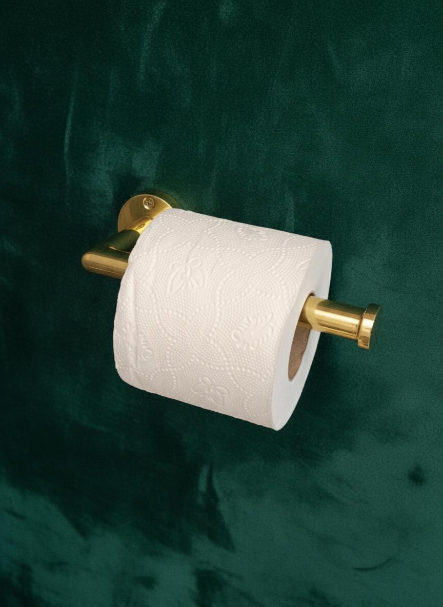 Gold toilet paper holder with a roll of toilet paper on a light blue wall.