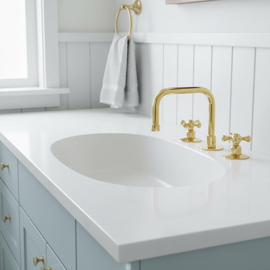 Bathroom sink with gold faucet and fixtures against a white tiled wall.