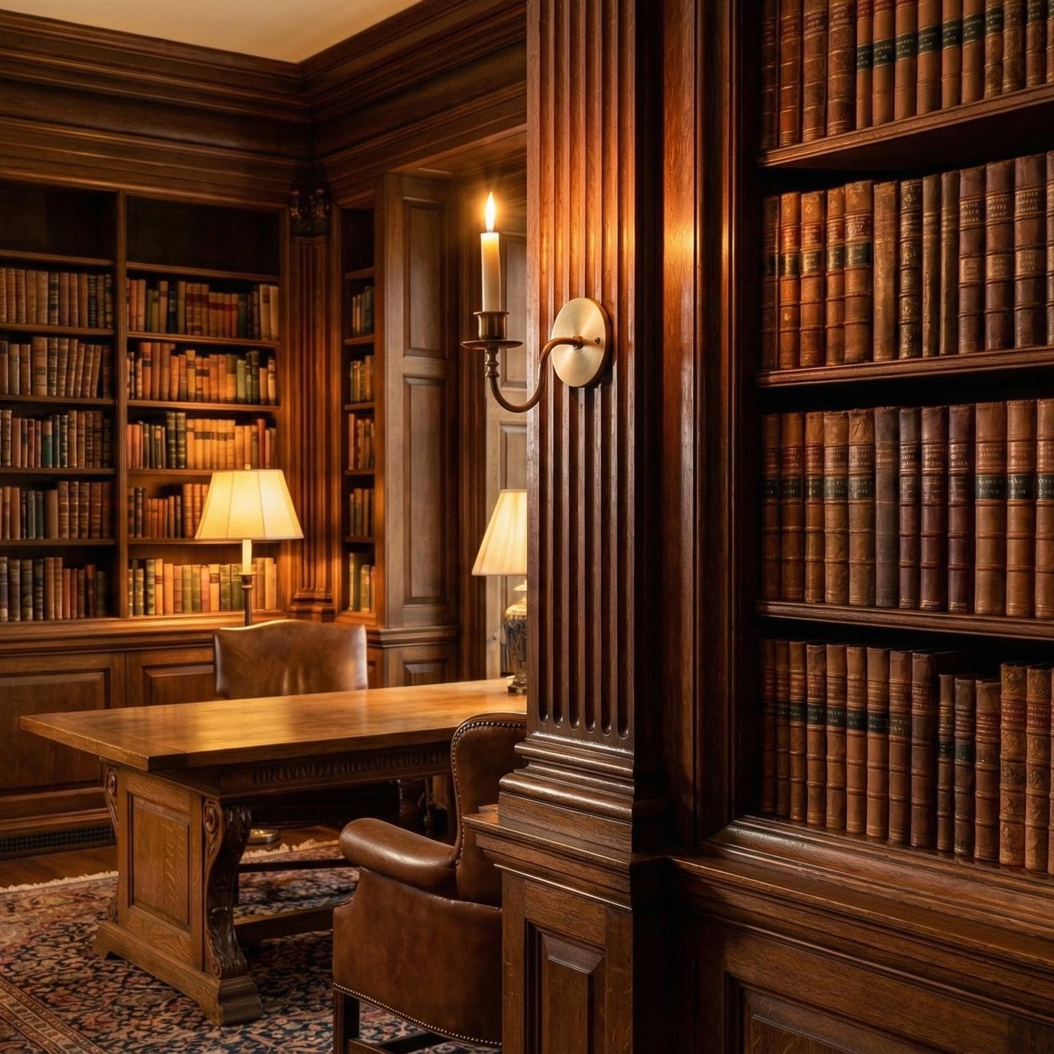 Library with wooden bookshelves and desk, warm lighting