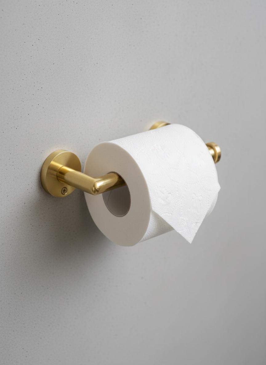 Gold toilet paper holder with a roll of toilet paper on a gray wall