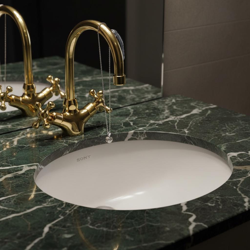 Gold faucet and white sink on a green marble countertop