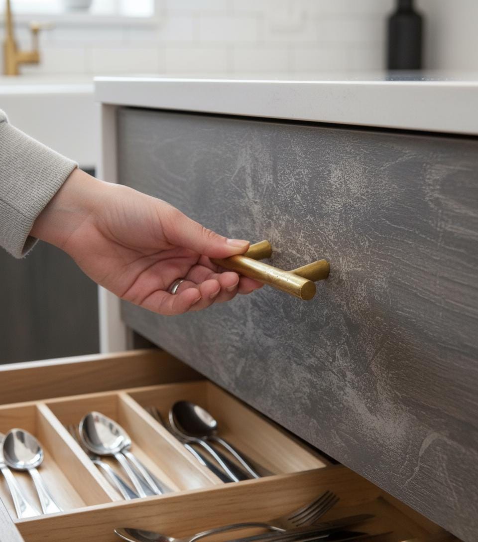 Hand opening a kitchen drawer with cutlery inside, featuring a gold handle.