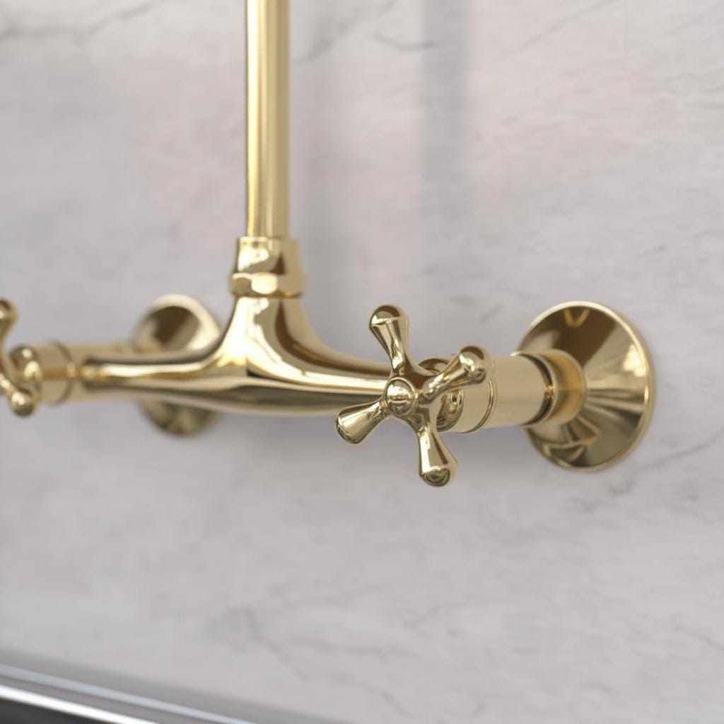 Gold faucet on a marble wall