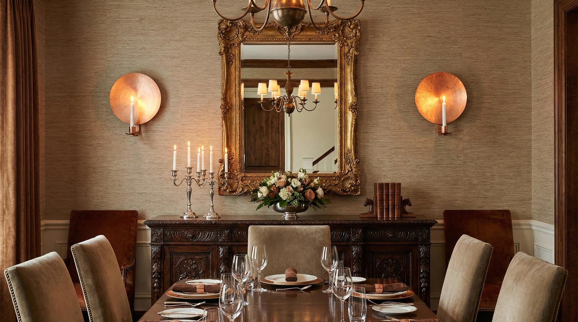 Elegant dining room with a mirror, candles, and flowers on a table.