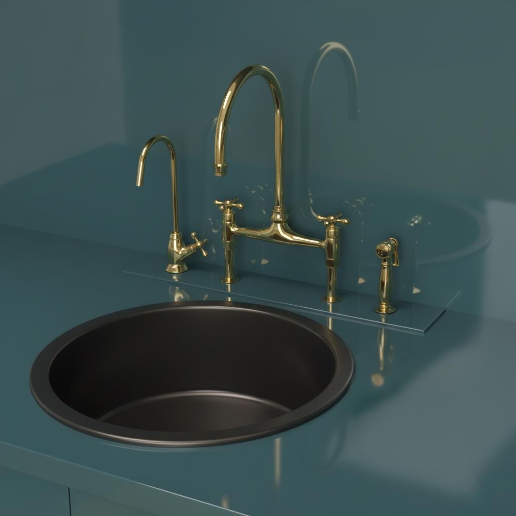 Gold faucet set with a black sink on a teal background