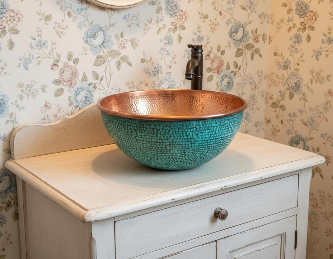 Copper and turquoise mosaic sink on a white cabinet with floral wallpaper.