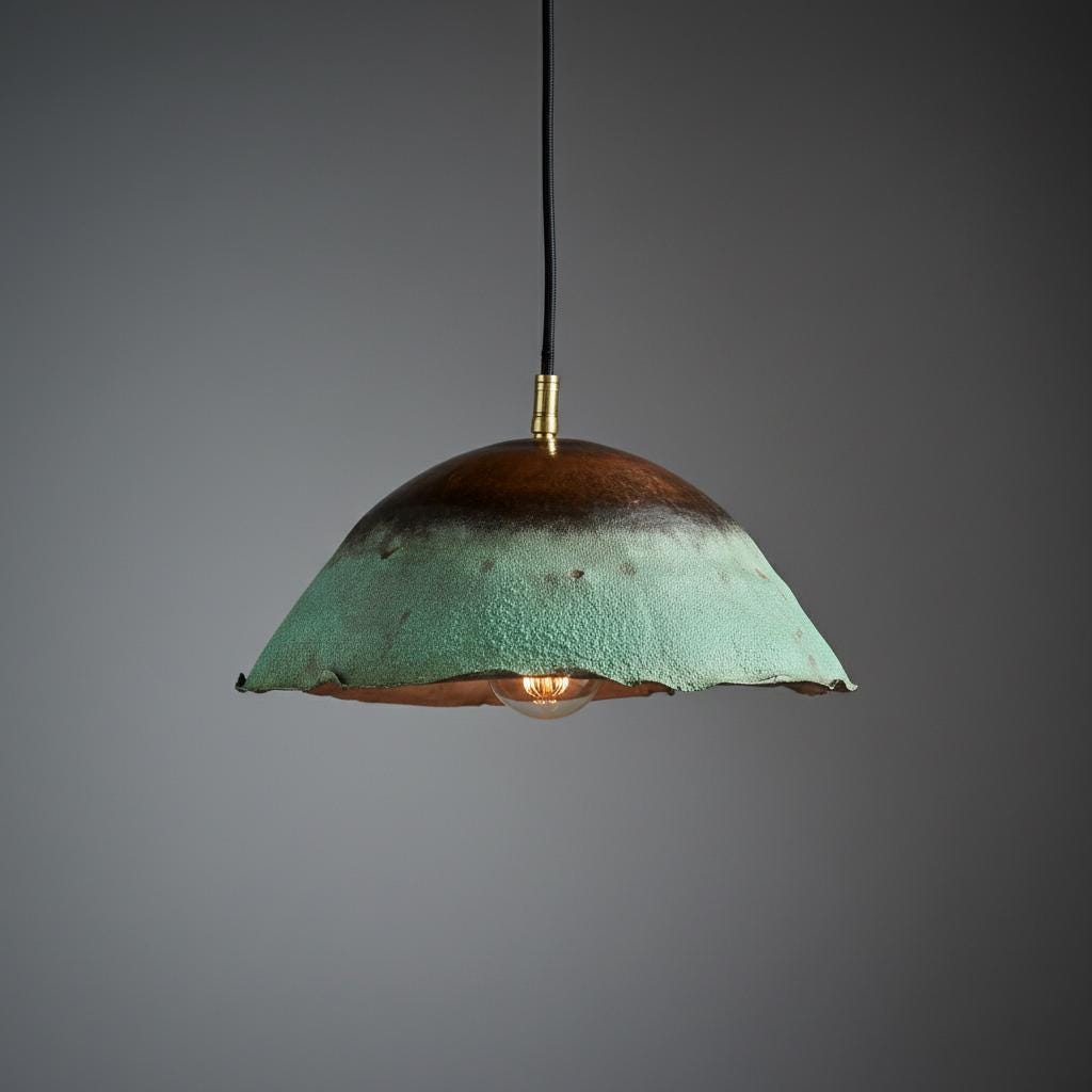Pendant light with a scenic view of the ocean through an open window.