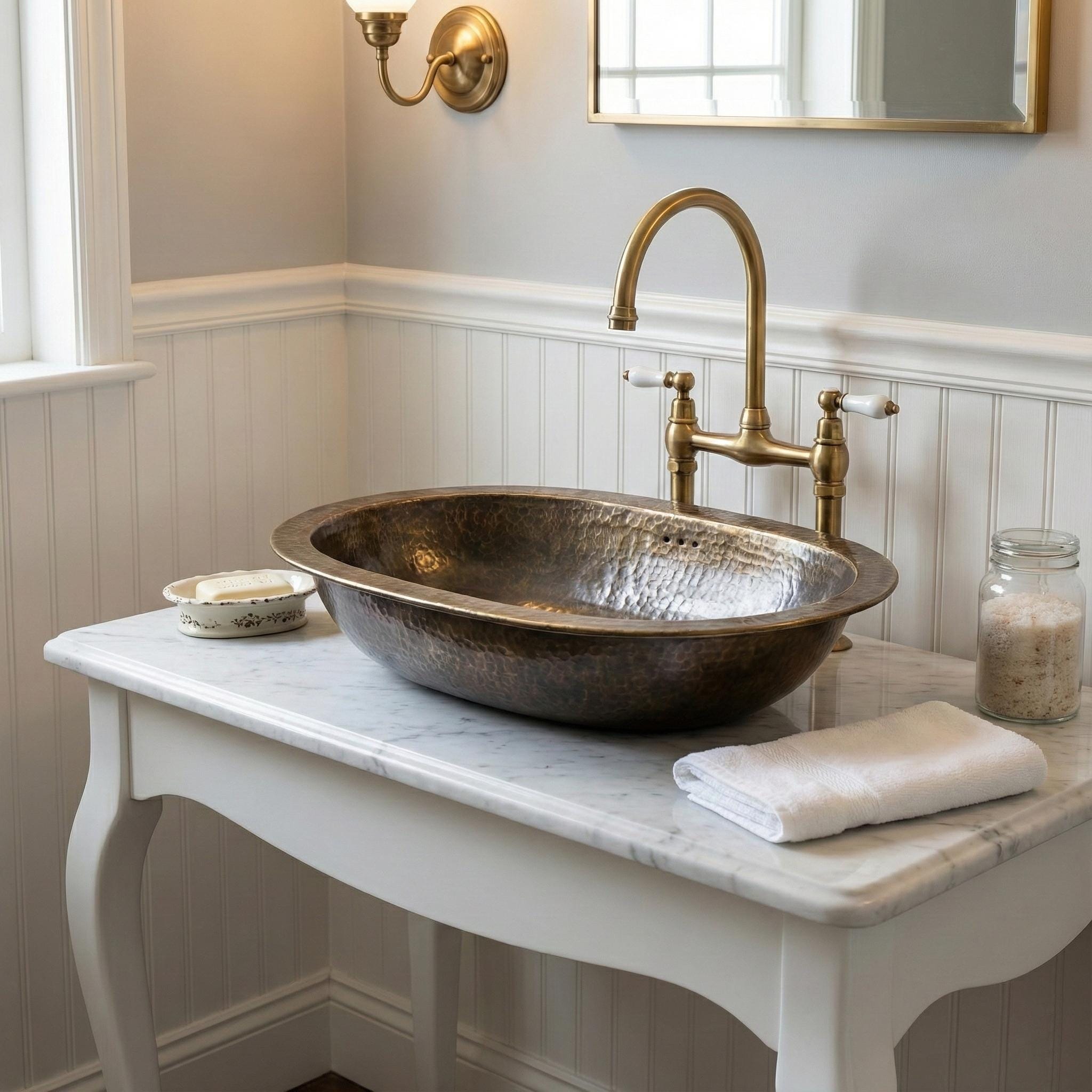 Bathroom vanity with a bronze sink and gold faucet.