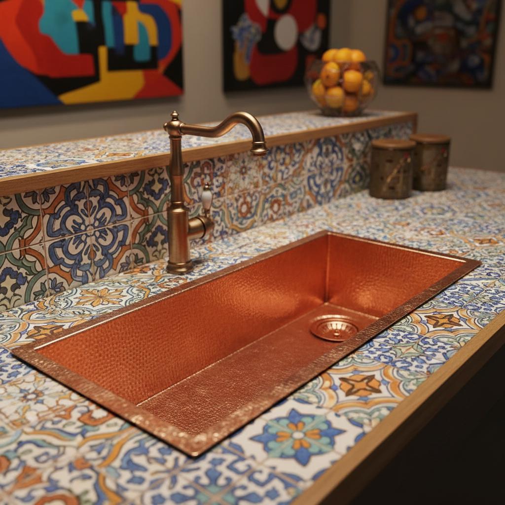 Copper kitchen sink on a colorful tiled countertop with abstract art in the background.