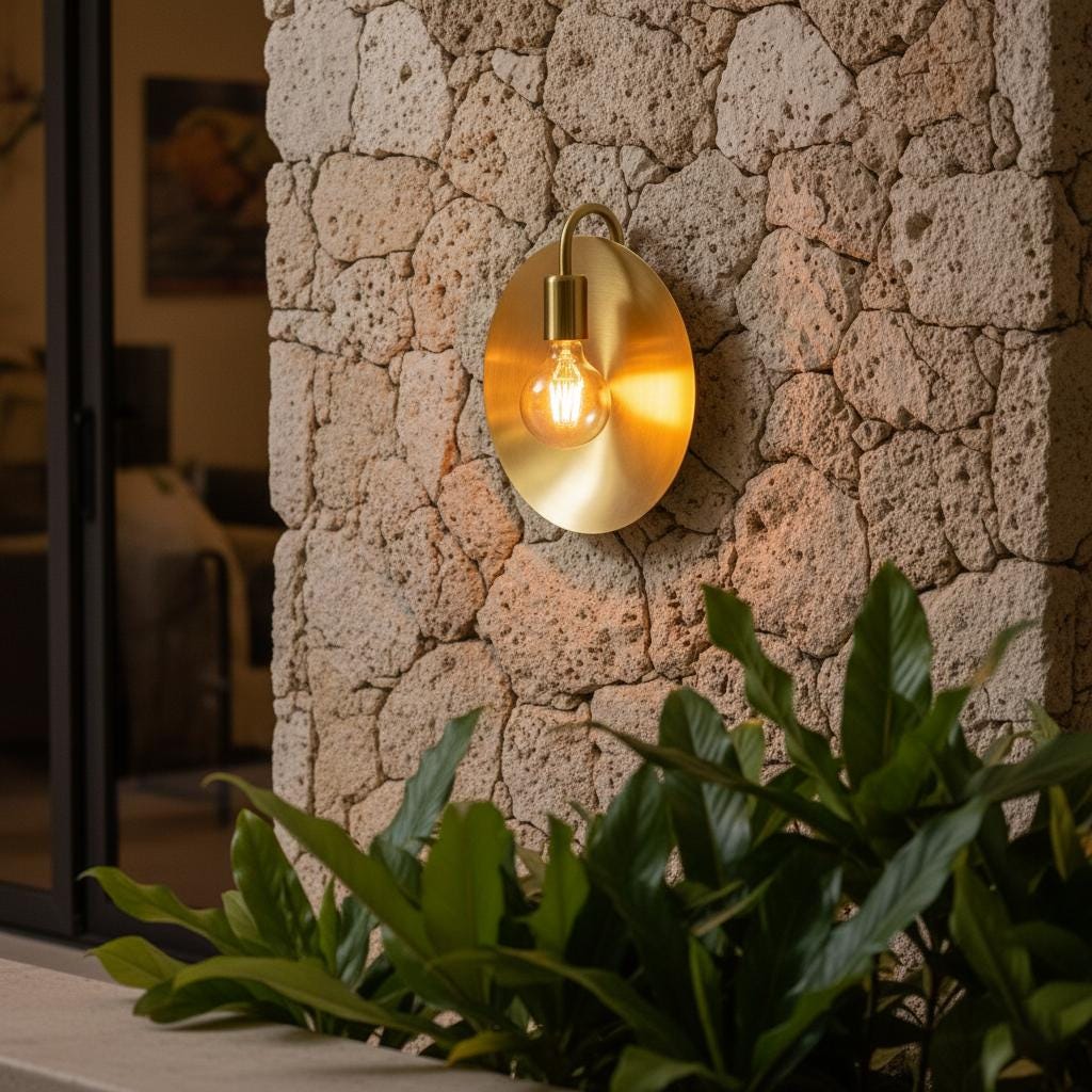 Gold wall-mounted light fixture on a stone wall with plants in the foreground