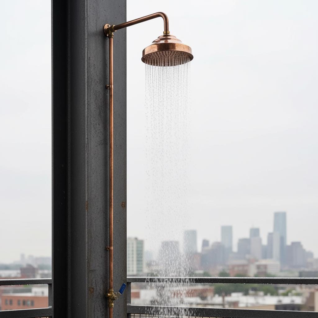 Copper shower head with water flowing against a cityscape background