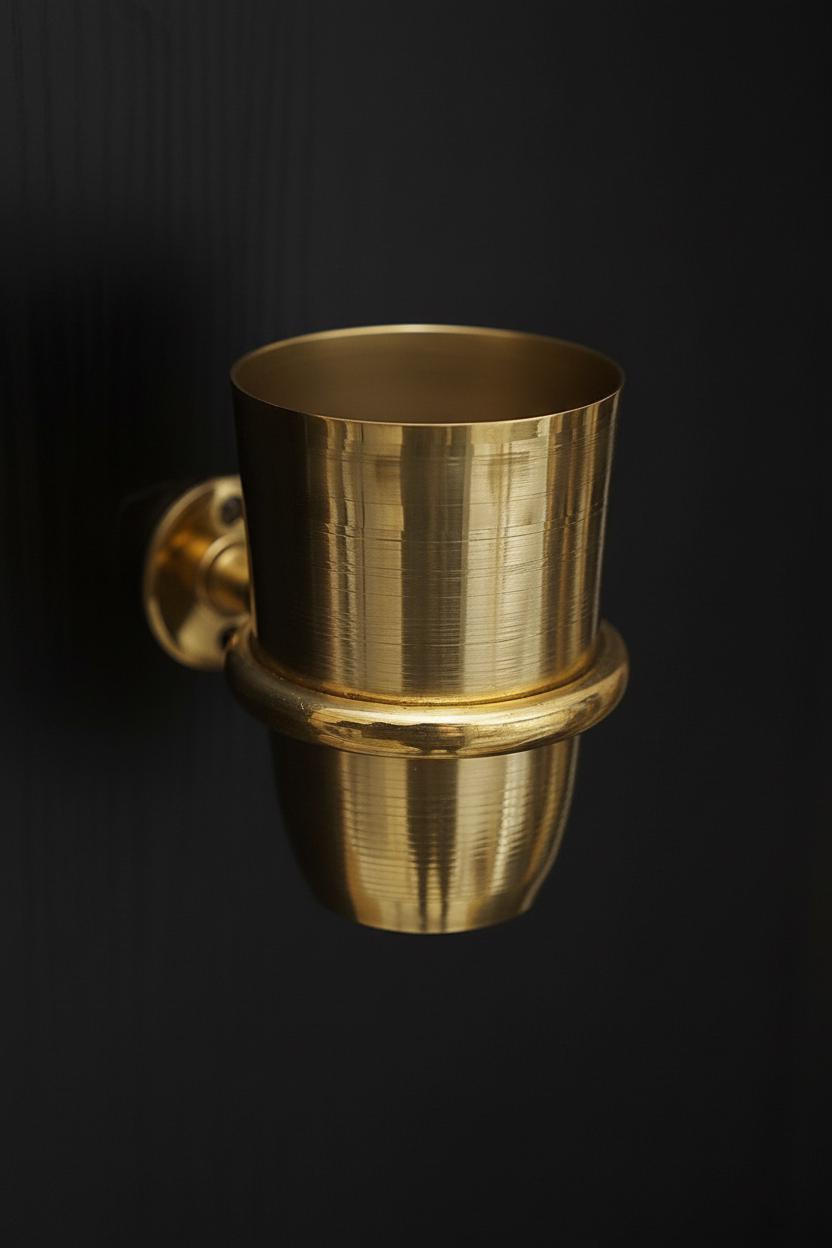 Brass wall-mounted cup holder on a black background