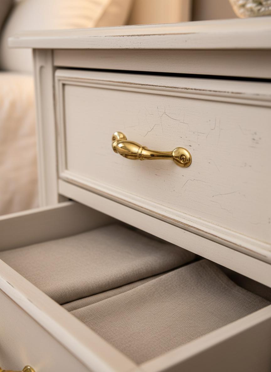 Close-up of a beige jewelry box with an open drawer and gold handle.