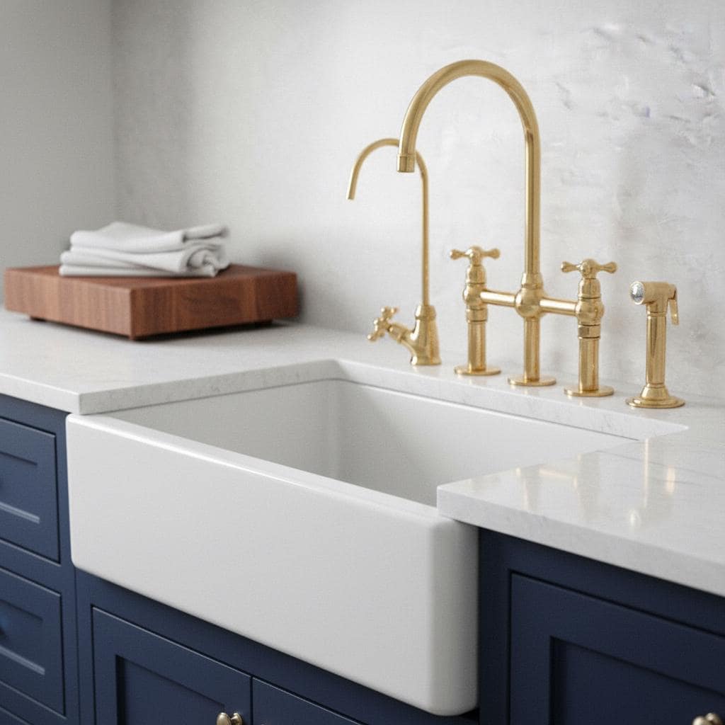 Kitchen sink with gold faucet and blue cabinets