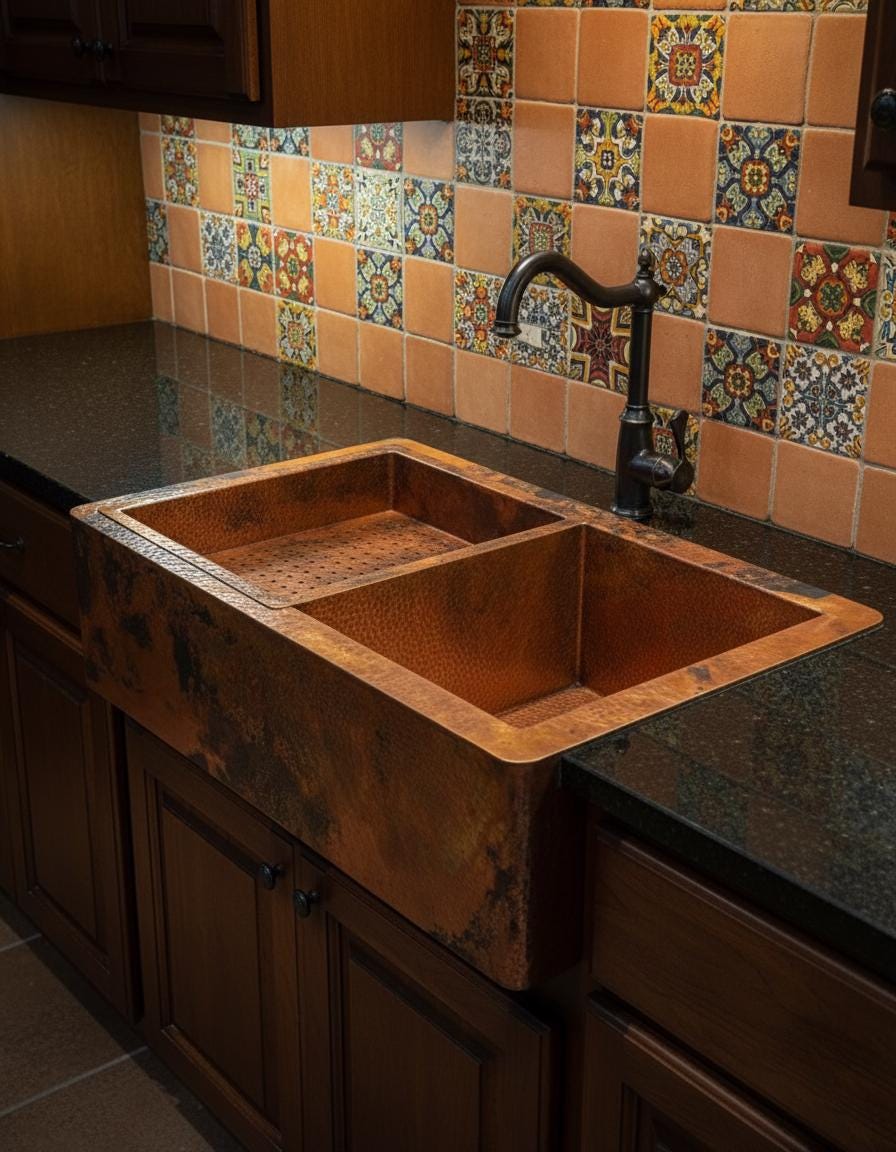 Copper farmhouse sink with a decorative tile backsplash in a kitchen setting.
