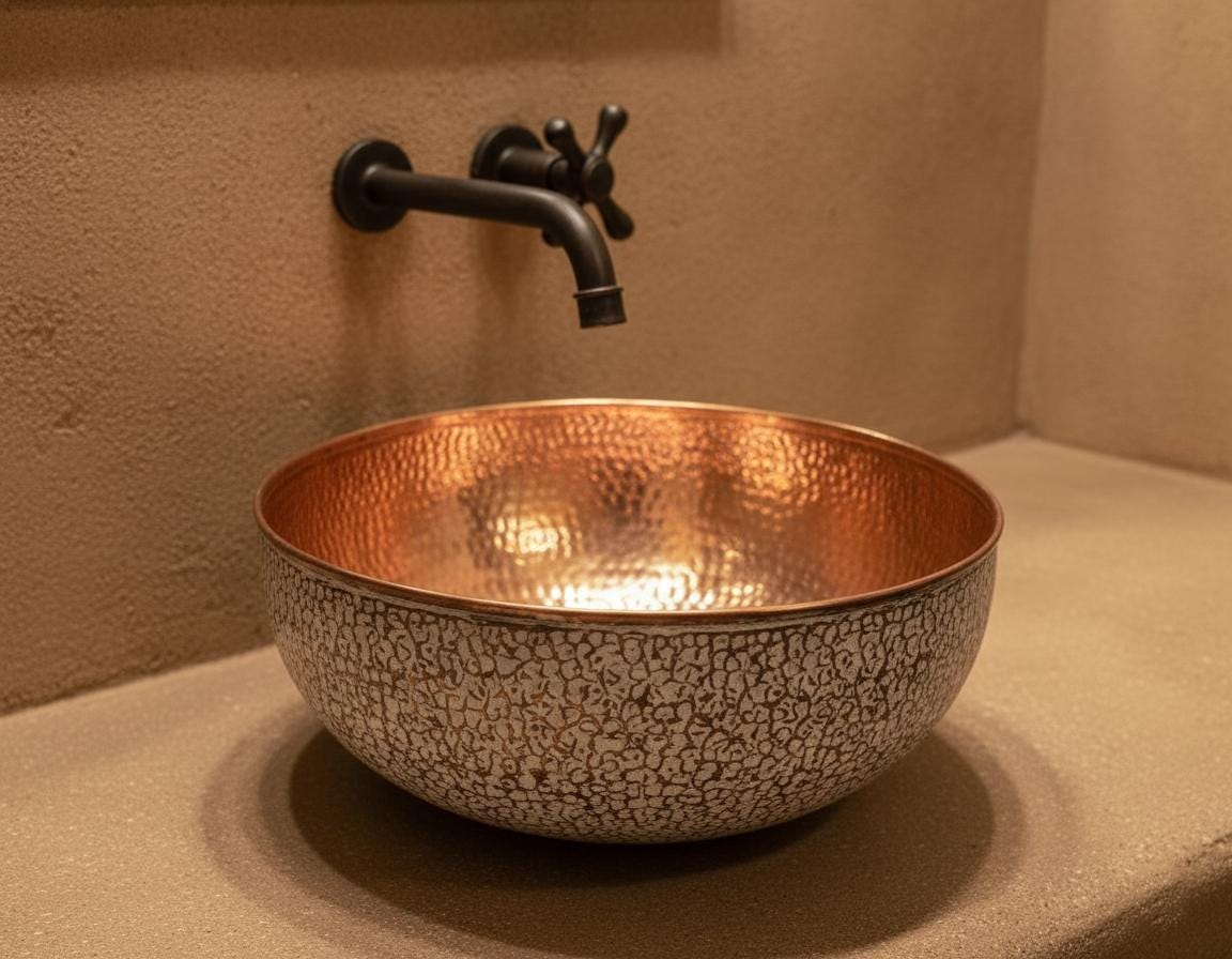 Copper sink with black faucet on a beige countertop