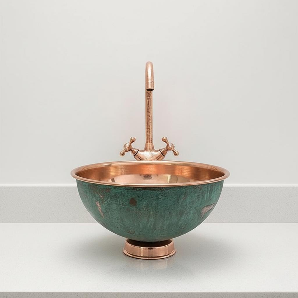 Copper sink with greenish-blue basin on a white surface and light gray background