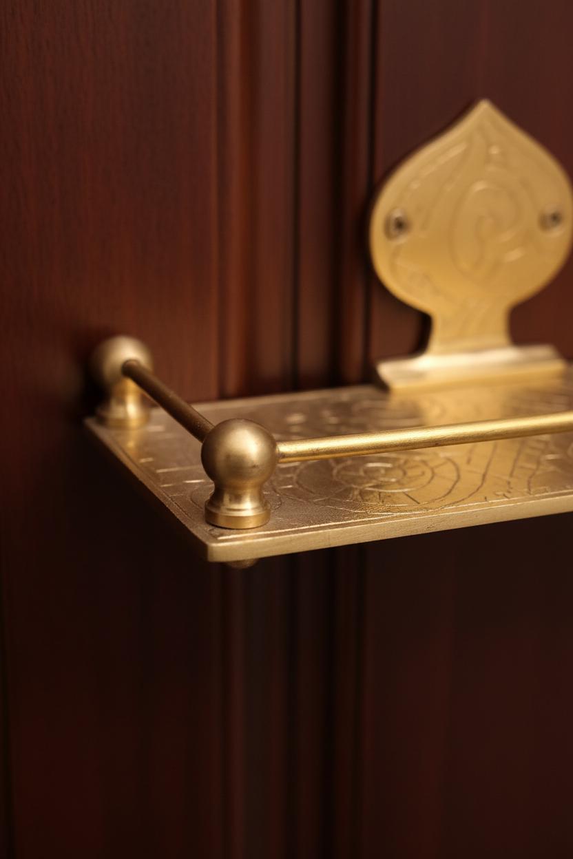 Close-up of a gold door handle on a wooden door