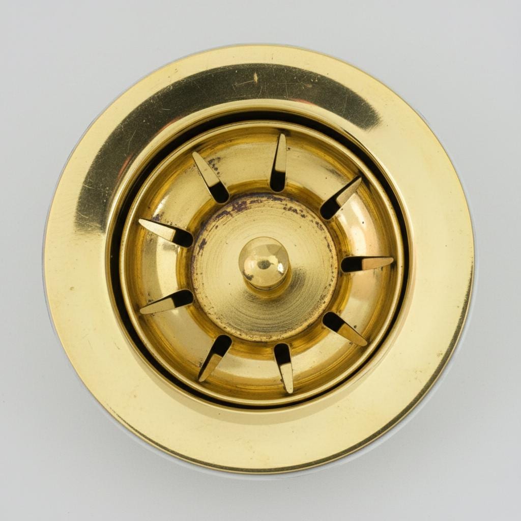 Gold-colored drain cover with central design on a light gray background