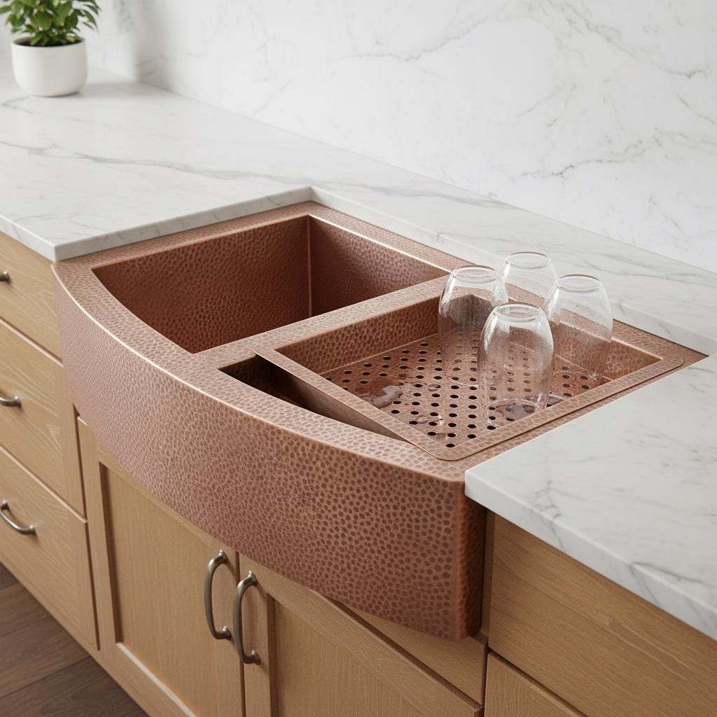 Copper kitchen sink with a marble countertop and wooden cabinets.