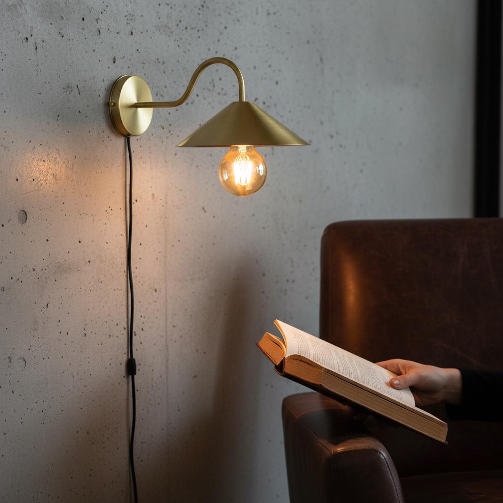Person reading a book next to a wall-mounted gold lamp with a concrete wall background