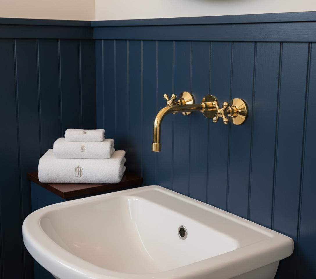 Bathroom with white sink, gold faucet, and navy blue paneling.