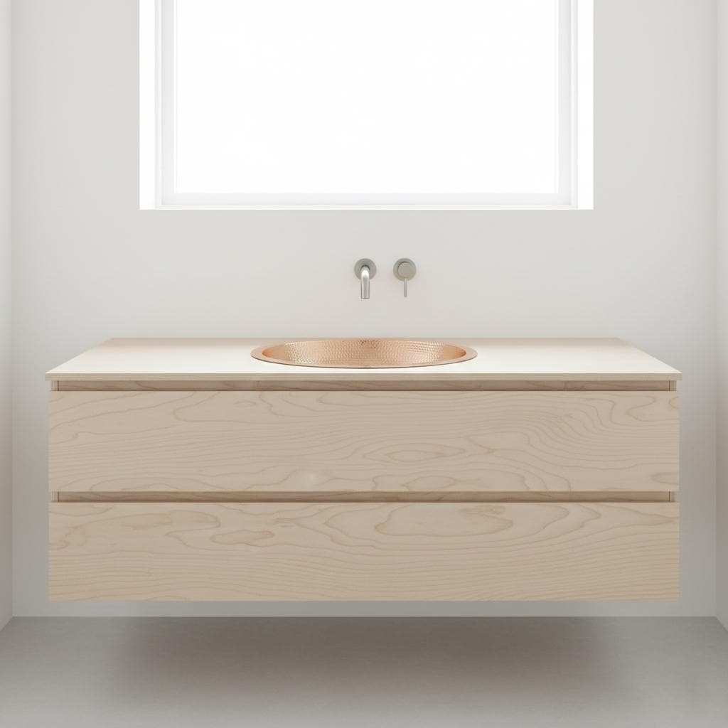 Bathroom vanity with wooden finish and copper sink against a white wall.