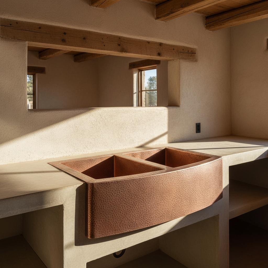 Copper kitchen sink in a rustic kitchen setting with wooden beams and stone walls.