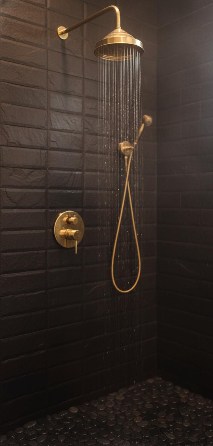 Gold shower head and control panel on a dark tiled wall
