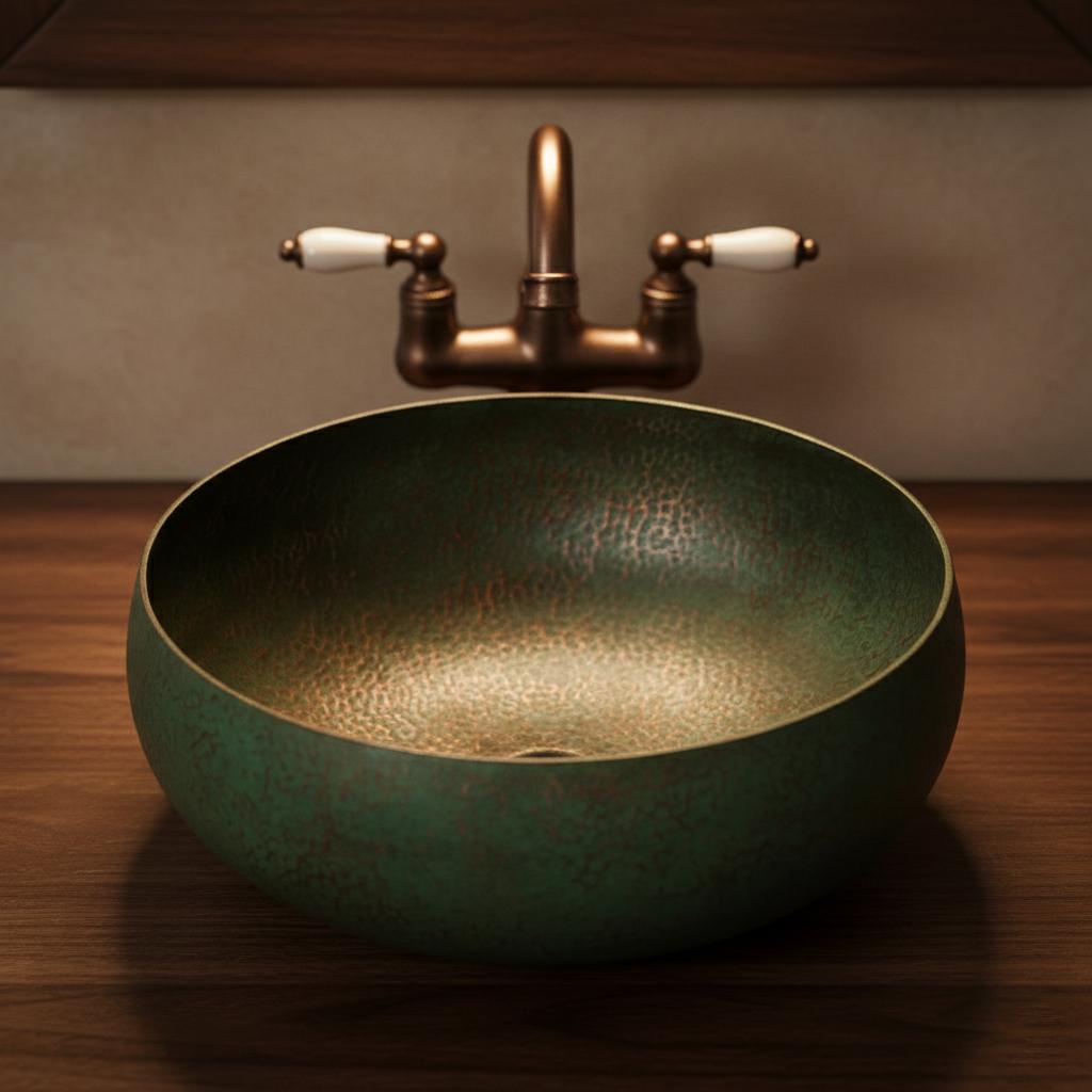 Green sink with bronze faucet on a wooden surface
