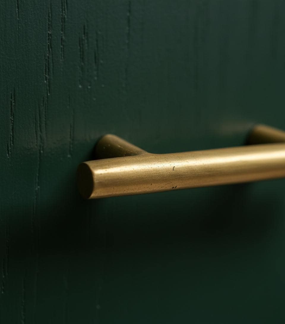 Brass door handle on a dark green door