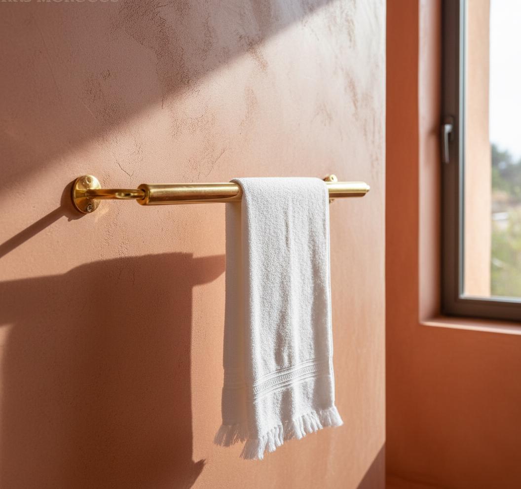 Gold towel bar with a beige towel on a white wooden wall