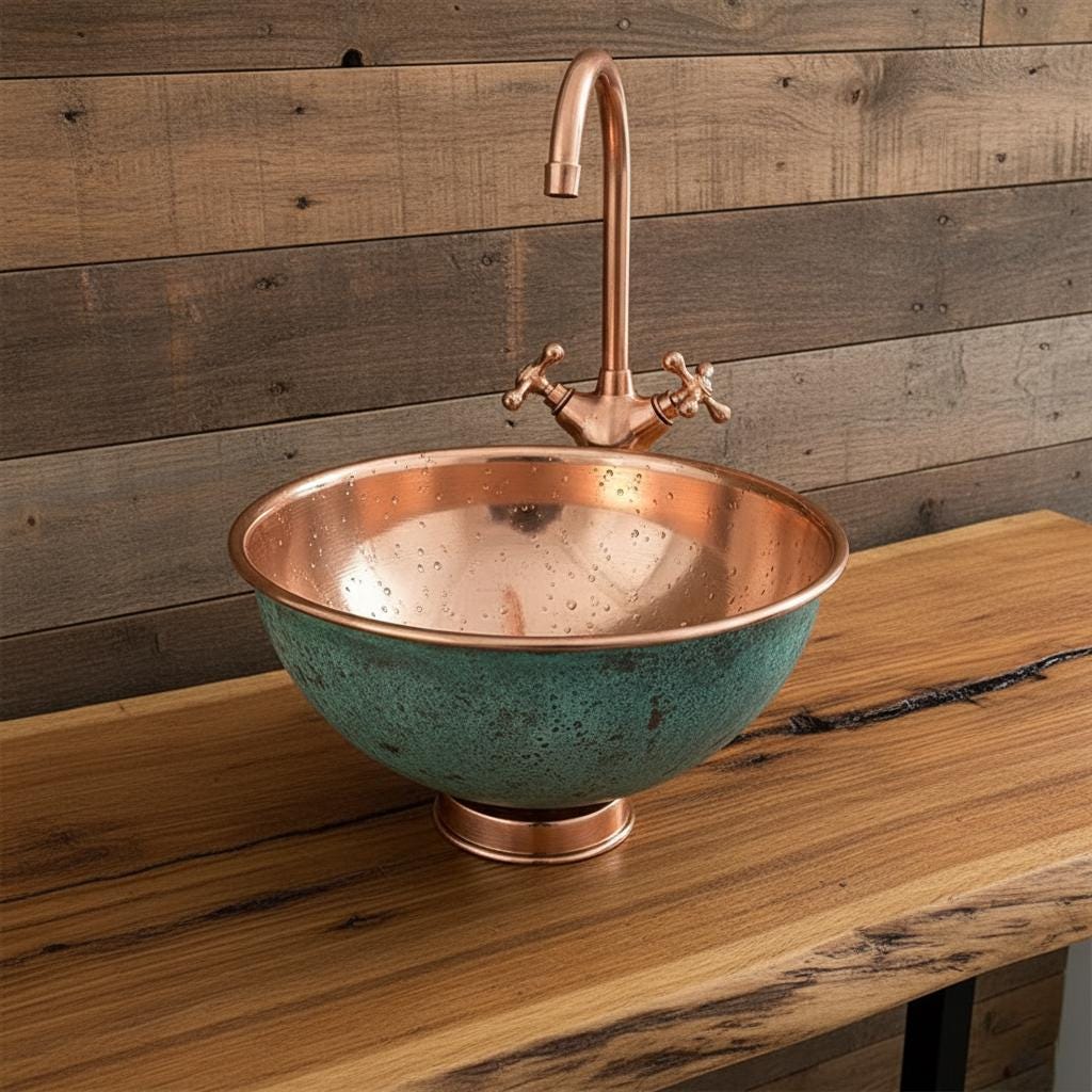 Copper sink with faucet on a wooden surface against a wooden wall.