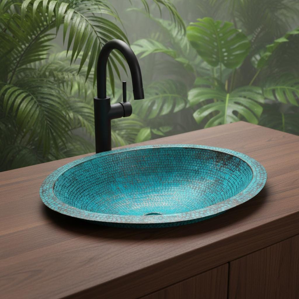 coppersink with black faucet on a wooden surface with green foliage in the background