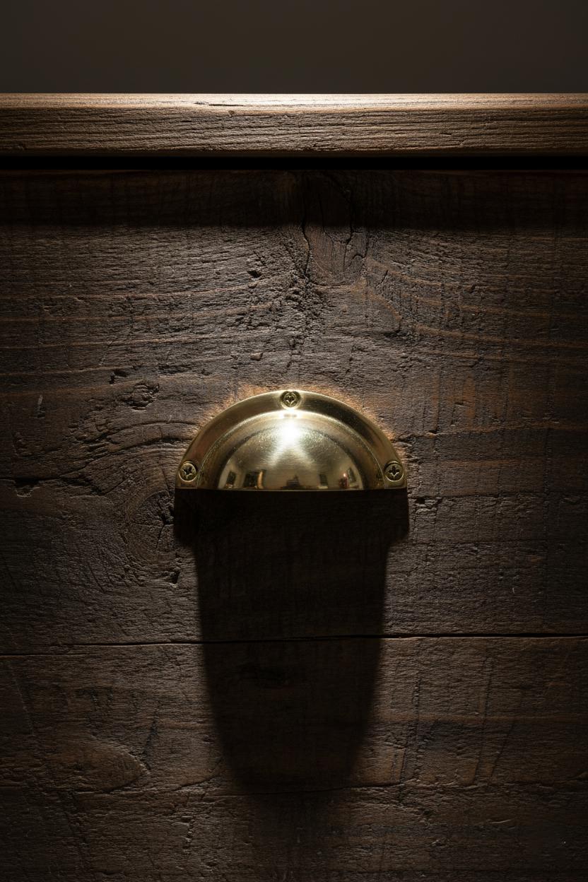 Brass doorbell on a wooden door with warm lighting