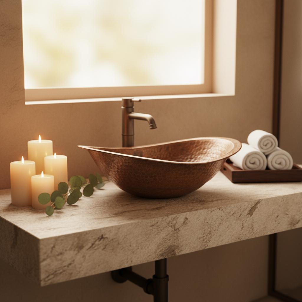 Copper sink on a marble countertop with candles and towels in a bathroom setting