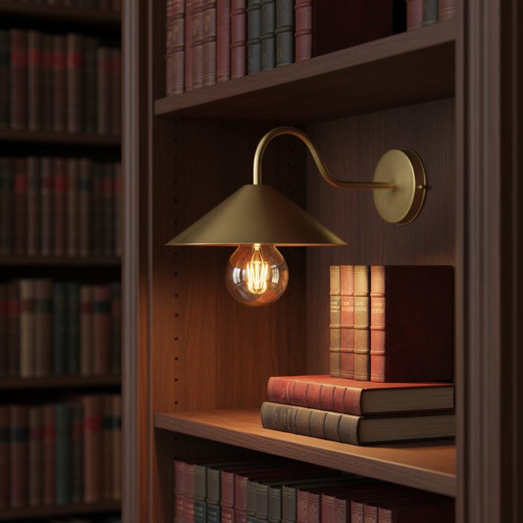 Wall-mounted lamp with a lit bulb on a bookshelf filled with books.