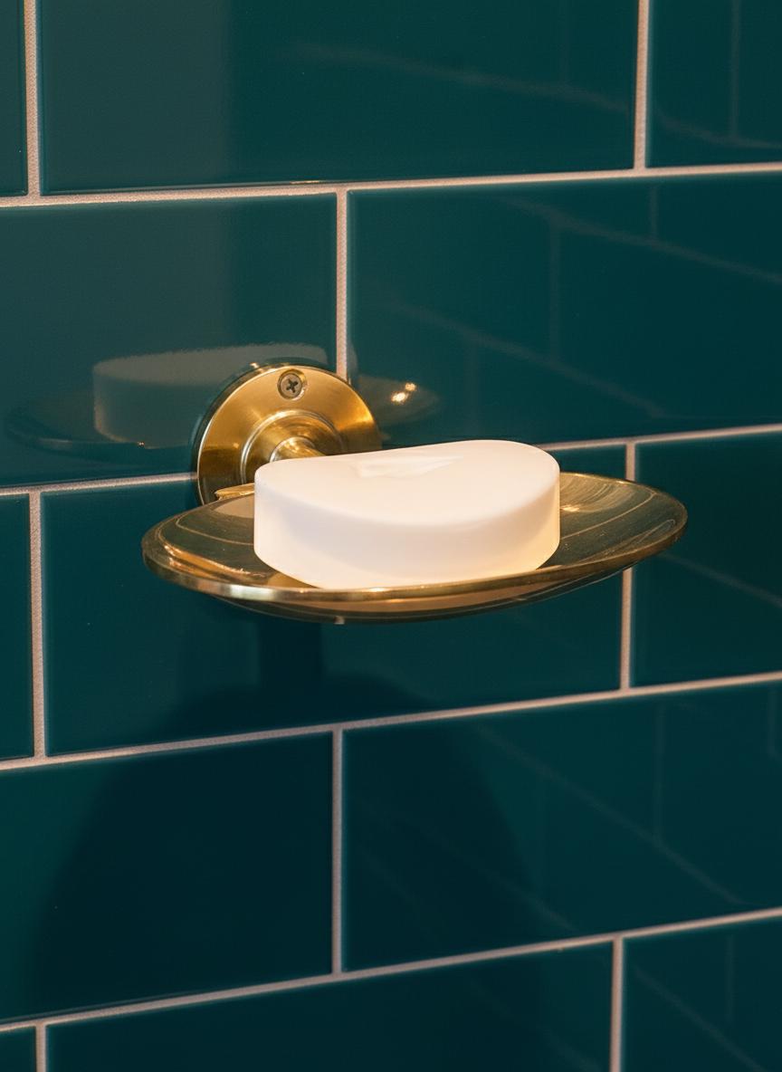 Gold soap dish with a bar of soap on a teal tiled wall