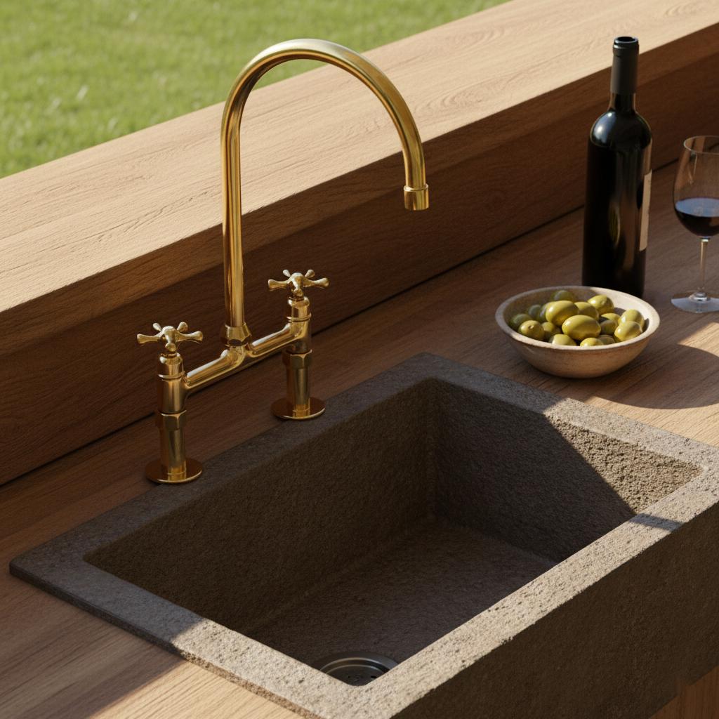 Gold faucet over a kitchen sink with a bowl of olives and a bottle on a wooden surface.