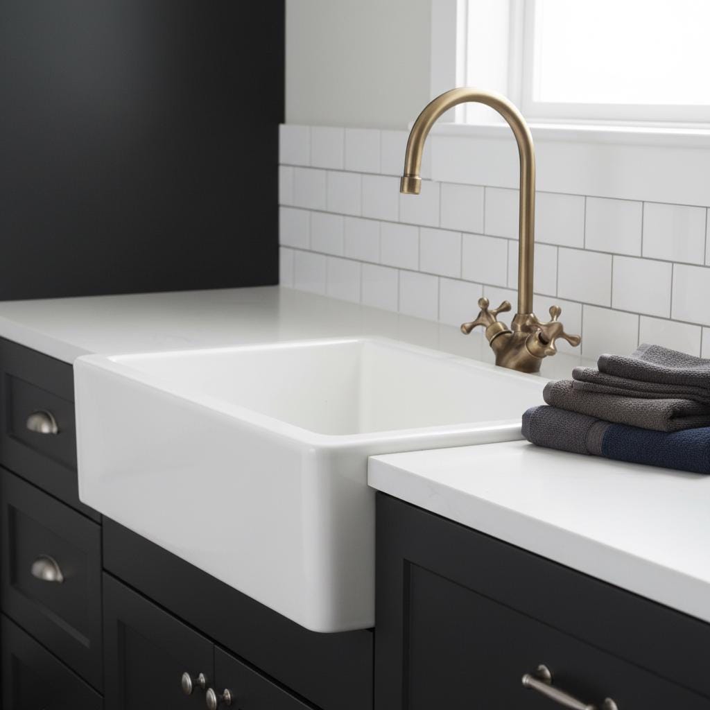 White kitchen sink with gold faucet in a modern kitchen setting