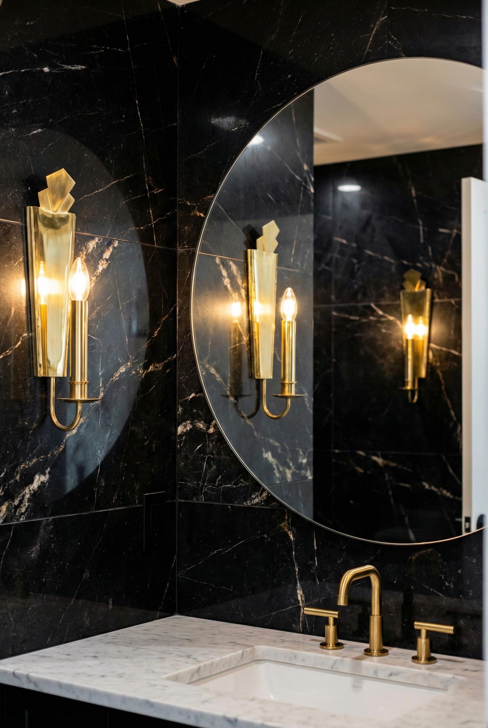 Bathroom with black marble wall, round mirror, gold fixtures, and light fixture.