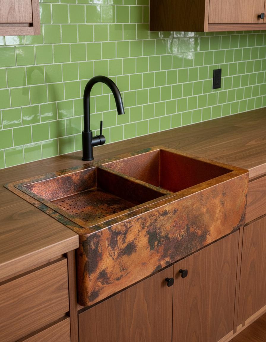 Copper kitchen sink with black faucet against a green tiled wall and wooden cabinets.