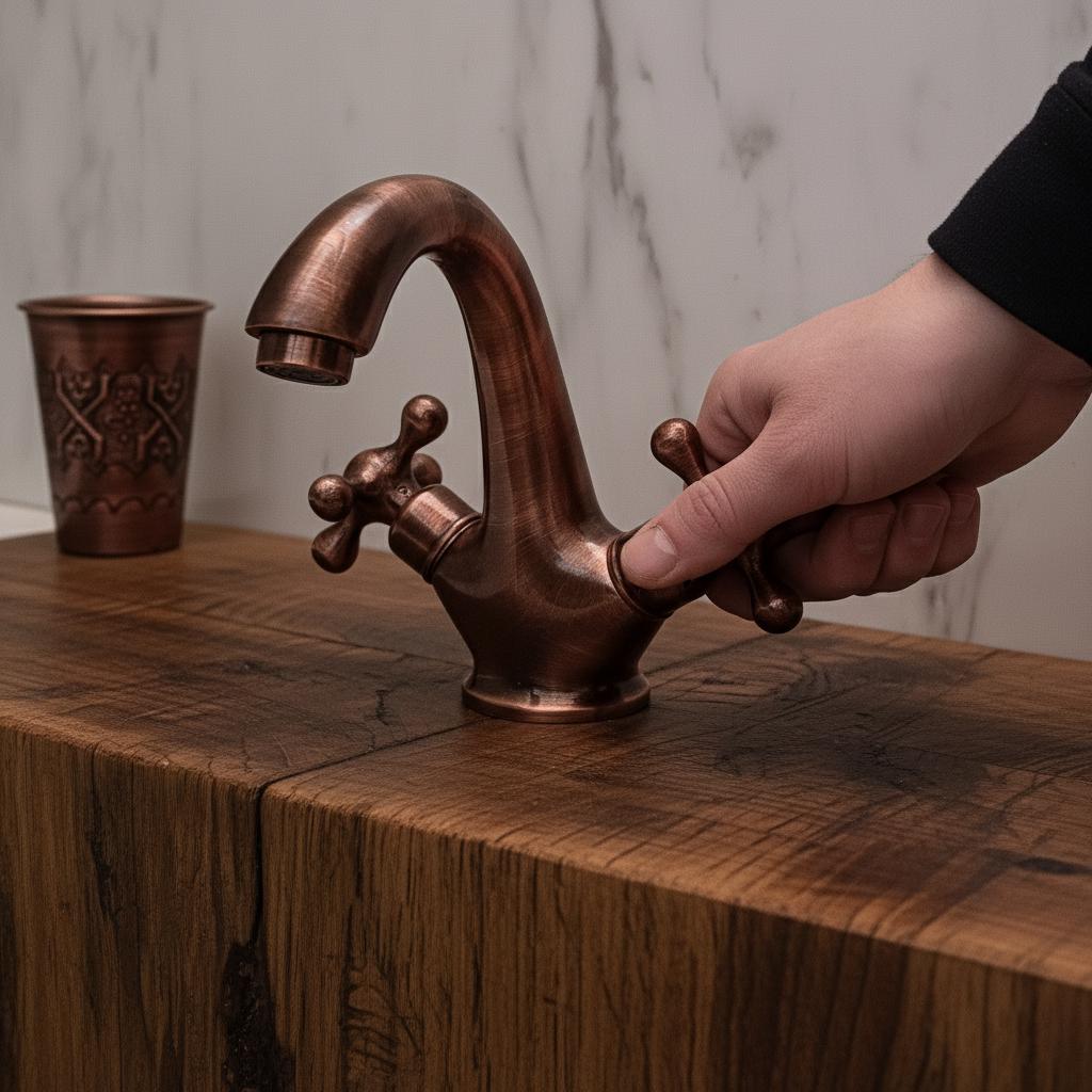 Person turning a bronze faucet on a wooden surface with a marble wall in the background