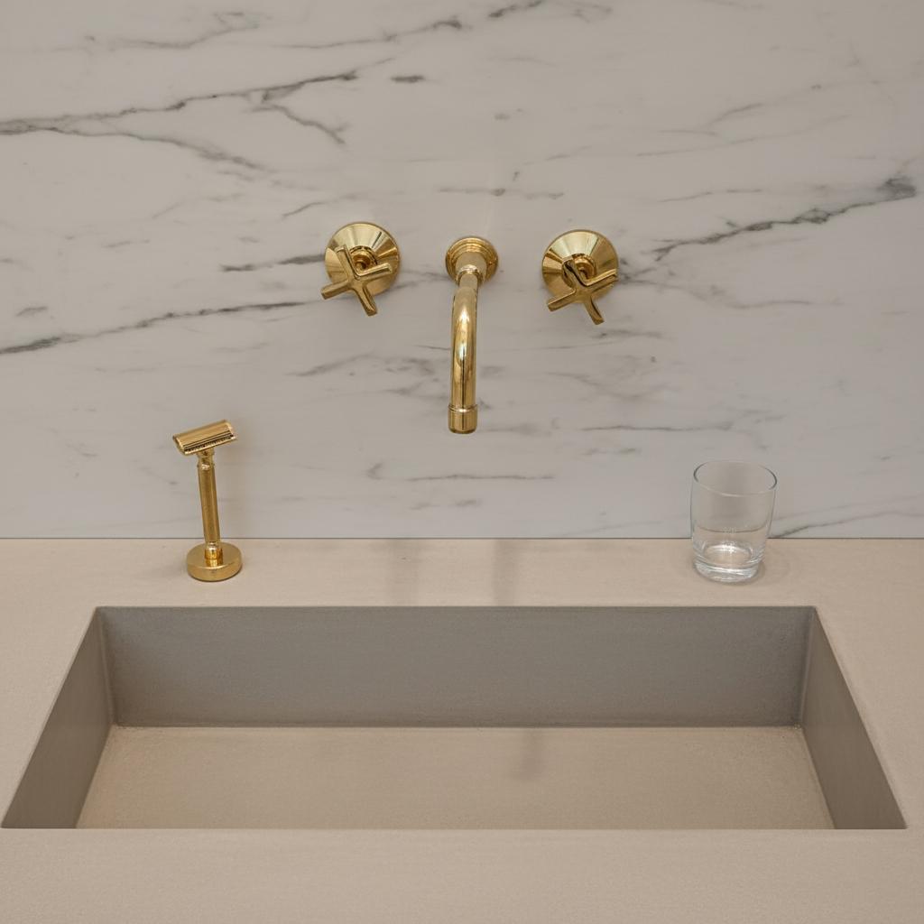 Gold faucet and handles on a marble wall with a glass on a beige countertop.