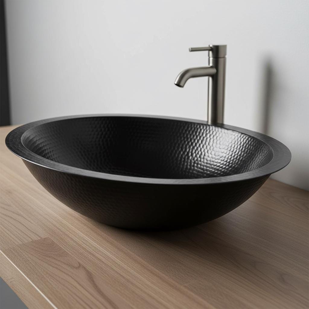 Black hammered sink with a faucet on a wooden surface