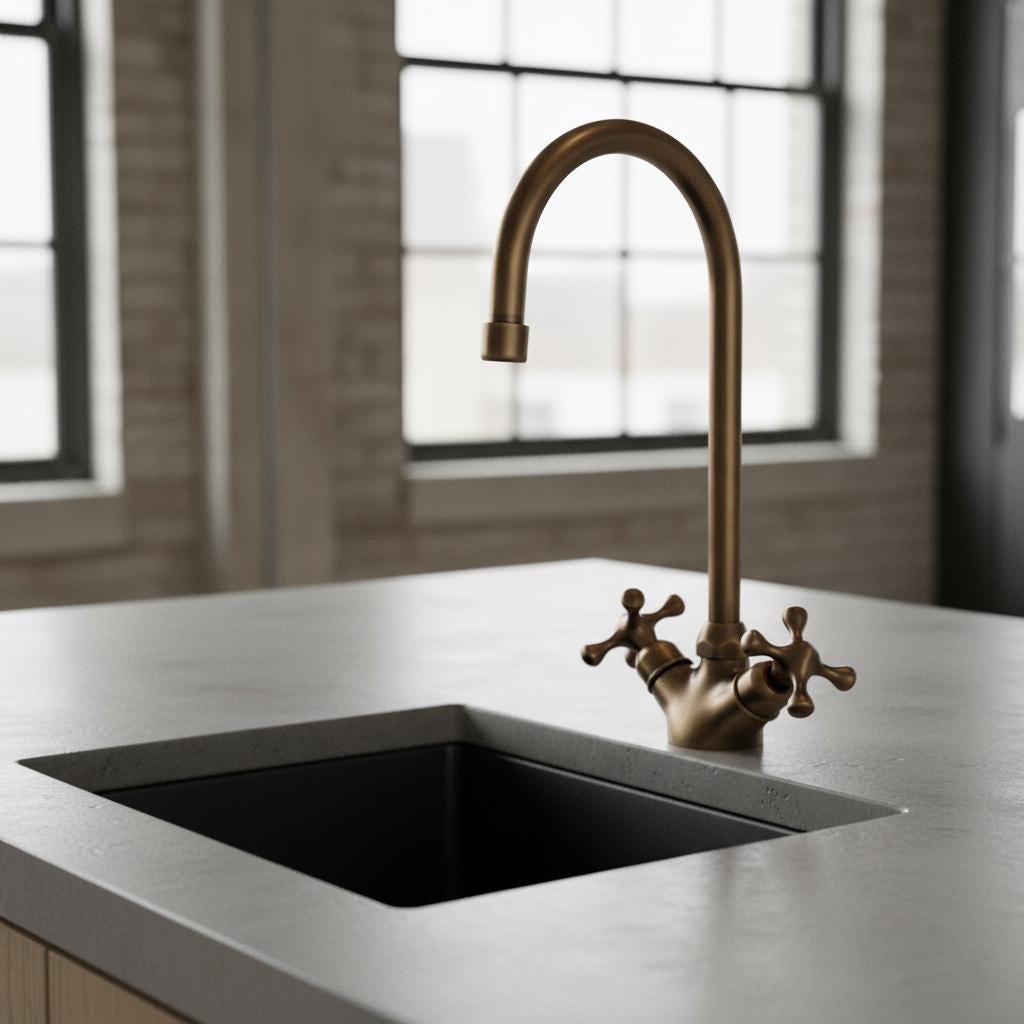 Bronze faucet on a kitchen sink with a neutral background