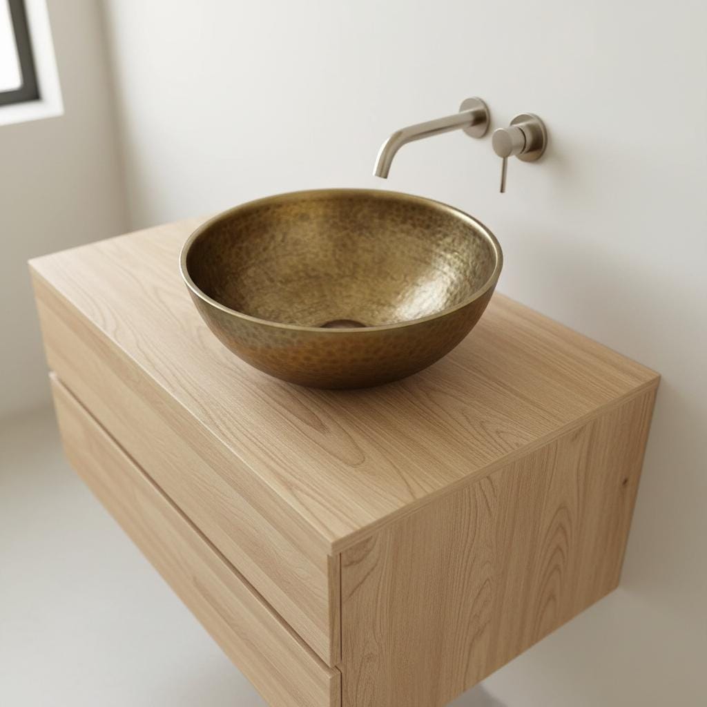 Bathroom sink with bronze basin and wooden cabinet